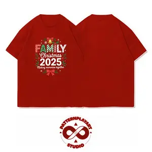 Men'S 2025 Christmas Family Pattern T-Shirt - Red and Green Text White Holiday Short Sleeve Tee for Christmas Parties, Family Gatherings & Summer Casual Wear - Machine Washable Comfort Fit, Lightweight Material, Festive Heat