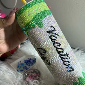 Customized Blinged Out 20oz Tumbler - Glittery Green & White Design with "Blinged Out" Text - Bottle for Drinking - Drinkware