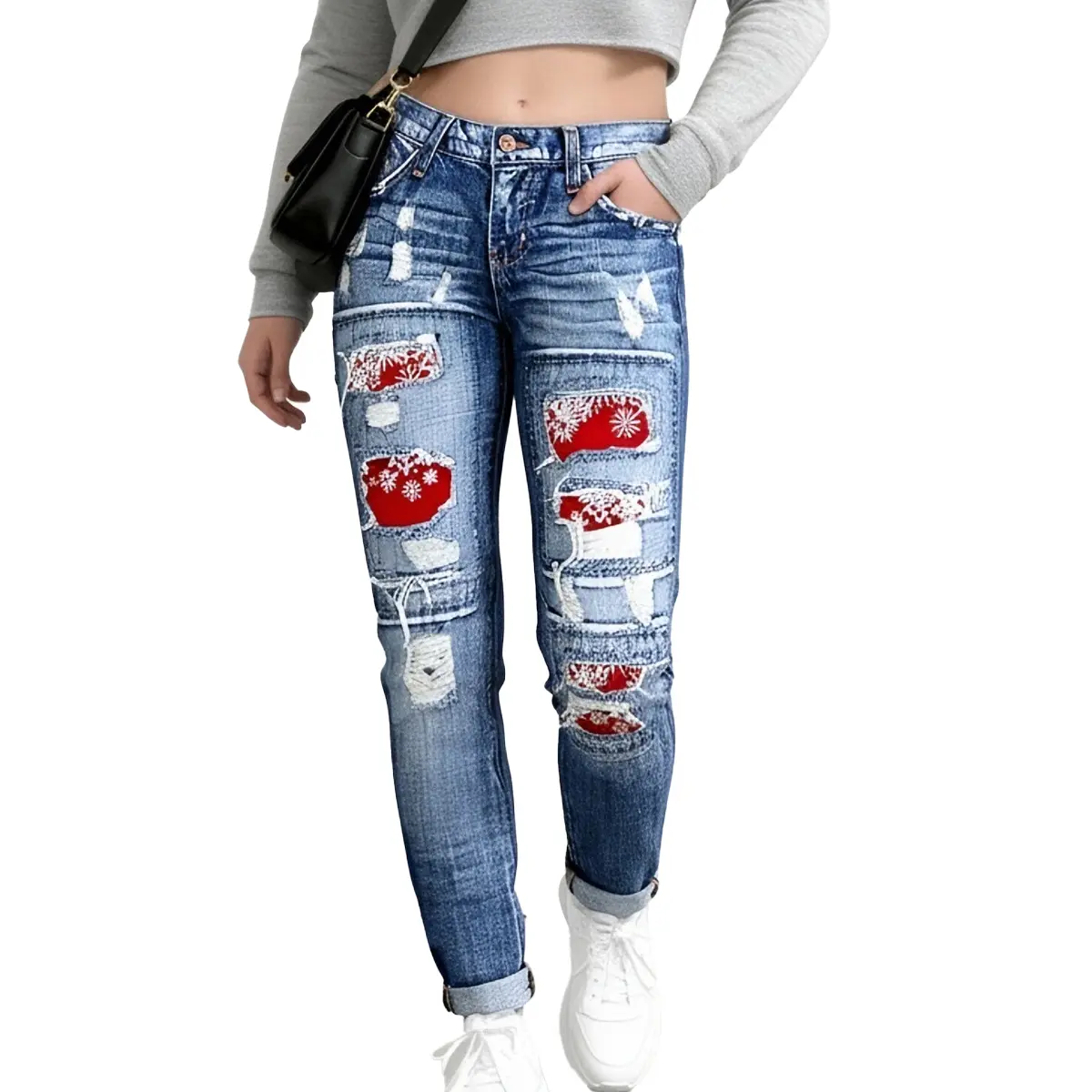 Christmas Print Women's Jeans, Ripped Slim Fit Denim Pants for Festive Everyday Fashion, Essential Autumn Winter Bottoms, Trouser, Lady, Casual, Comfortable, Poly-Cotton-Elast, Party Vintage, Button Close, Tops, Foldable, Elastane