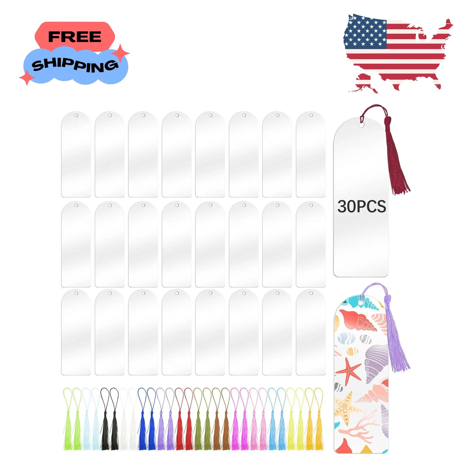 30 Pcs Clear Acrylic Bookmarks Blanks 6" x 2" with 30 Pcs Tassels