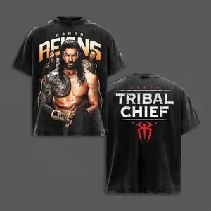 Roman Reigns Inspired Tribal Chief Wrestling Double Sided Washed T-Shirt – WWE Heavy Fabric Menswear Casual Classic, Oversized Cotton Graphic Tee, Vintage Streetwear, Gift for Fans