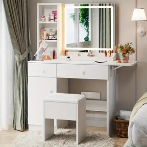 DAYAGO Vanity Desk with Lighted Mirror 3 Tier Open Shelves 2 Drawers a Cabinet Hidden Storage Stool Built-in Outlets Modern Makeup Table Assembly Required