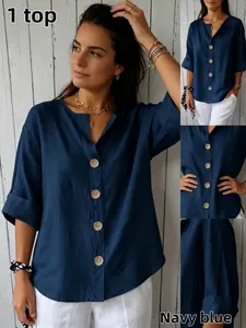 Women's Loose-Fitting V-Neck Cotton Linen Button Shirt Blouse, Summer Casual Minimalist Fashion Top, Multiple Colors Available, Ideal for Home, Work, Shopping