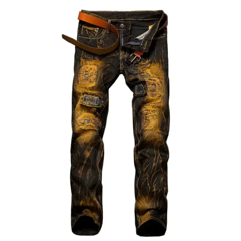 Men's Slim Straight Ripped Patchwork Denim Jeans - 4-Season Motorcycle Style Distressed Streetwear Casual Full-Length Pants with Accent Patches, Menswear Bottoms Alternative, Four-Season