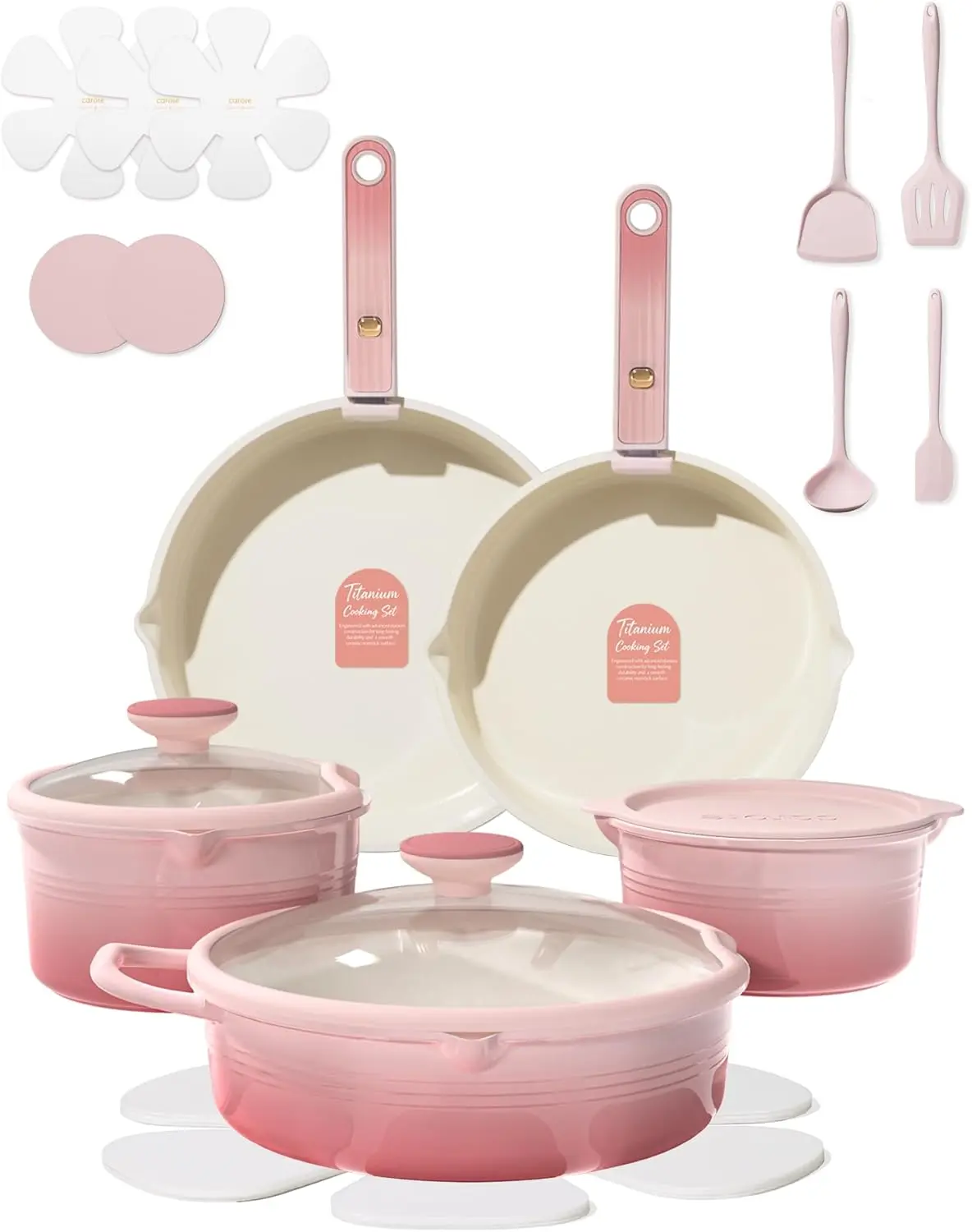 20pcs Nonstick Titanium Cookware Set with Detachable Handle - Pots and Pans Set, Non-Toxic, PFAS & PFOA Free, Induction Compatible, Dishwasher & Oven Safe, Space-Saving for Camping Cooking (Pink)