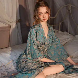 Women's Jacquard Ice Silk Bathrobe, High-End Polyester Satin Nightwear, Ultra-Thin Cooling Long Loungewear with V-Neck, Luxurious Home Gown