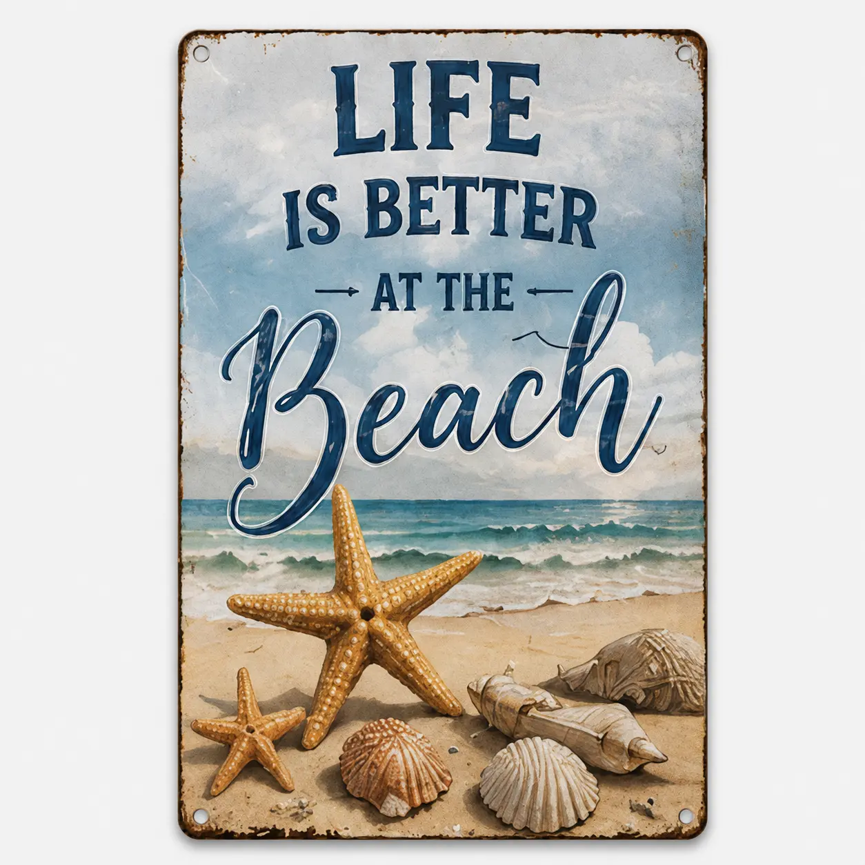 8x12in Lightweight Decorative Vintage Aluminum Metal Beach Sign, Coastal Ocean Wall Decor with Starfish, Seashells, Rustic Beach House Living Room Patio Decoration, Summer Home Décor Gift