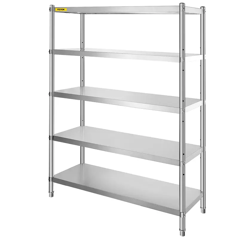 VEVOR Brushed Rust-Proof Stainless Steel Display Storage Rack, 48x18.5in 5-Tier Detachable Adjustable Unit, 330 lbs Load Capacity Per Tier, Adjustable Feet for Uneven Floors, Garage Organization & Kitchen Use