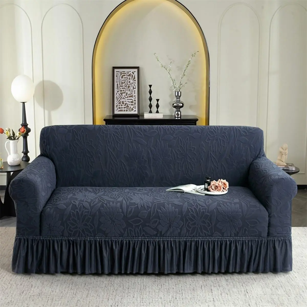 Solid Color Jacquard Sofa Cover with Skirt, 1 Count Soft Comfortable Stretchable Sofa Slipcover, Dustproof Sofa Cover for Home Living Room Hotel Dor