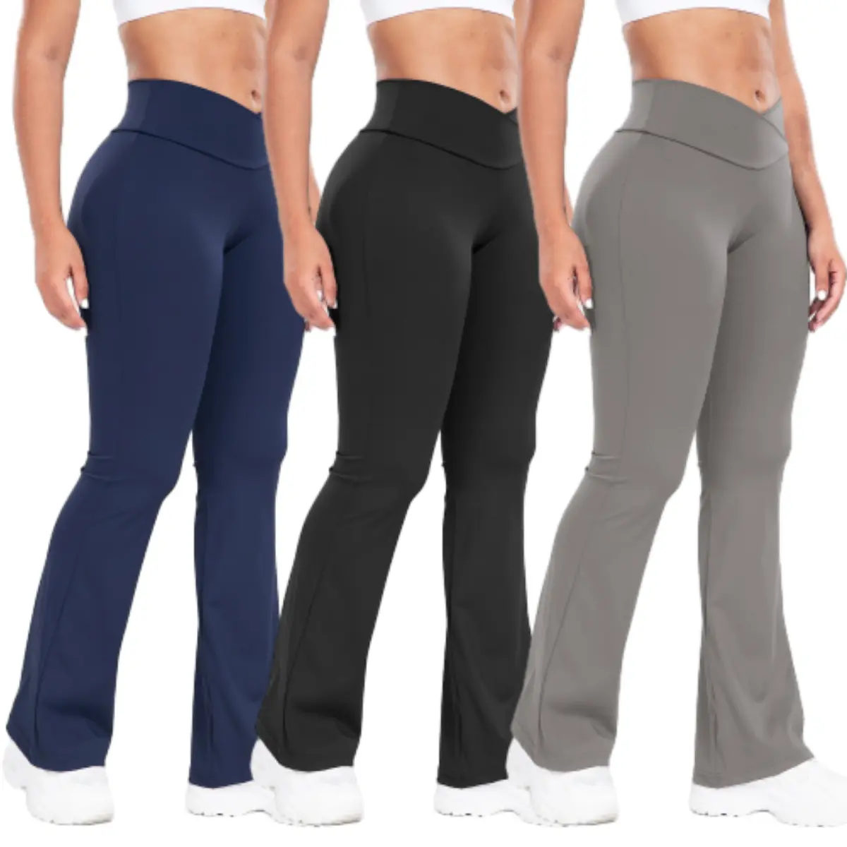 Women's Plain High Waisted Sports Leggings - Solid Wrap Flare Leg Pants, High Stretch, 75% Nylon, 25% Spandex, Ideal for Indoor/Outdoor Wear