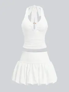 Women's Summer Halter Tie-Back Ruffle Top & Fitted Bubble Hem Skirt Set Sexy & Comfortable Perfect for beach days and casual outings.