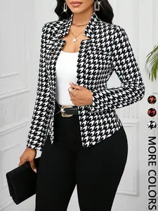 Women's Fall & Winter Houndstooth Plaid Print Jacket Coats, Casual Fitted Sporty Open Front Design Chic Style Outerwear, Medium-Weight Fabric, Ladies Fashion Apparel