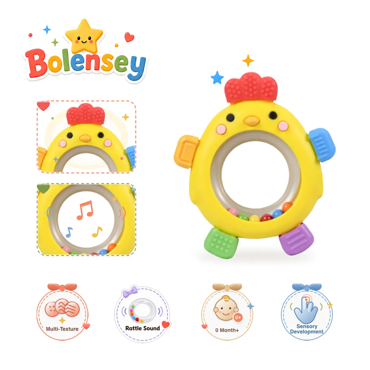 Bolensey Unisex Montessori Animal Shape Chicken Rattle Teether - Food-Grade Soft Silicone Soother, Hand Teether, 5 Multi-Texture Chewing Areas, Easy-Grip Ring, Detachable ABS Bead Rattle, BPA-Free 0-12 Months Baby Gift