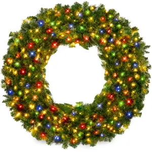 Best Choice Products Artificial Pre-Lit Fir Christmas Wreath Decoration w/ Multicolor Lights, Tips