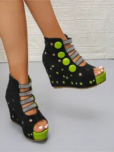 2026 Summer New Arrival! Rhinestone Hollow-Out Women Wedge Heel High Heels Booties Stylish, Fashion Colorful Rivet Thick-Soled Gladiator High-Top Shoes