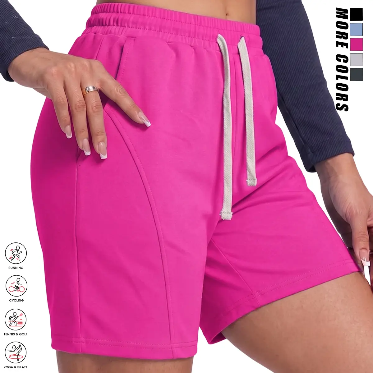 Women’s American workwear shorts — loose casual athletic shorts with a straight wide leg and mid-length cut, machine washable; solid color loose beach shorts with a drawstring waist — stretchy fabric, easy fit, smooth texture, minimalist style, durable ma