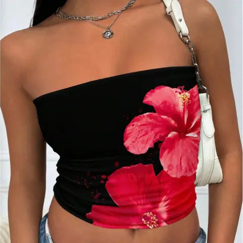 Women's Floral Print Crop Tube Top, Casual Fashion Sleeveless Cropped Top for Daily Wear, Chic Summer Look, Ladies Clothes for All Seasons, Casual Tank Tops, Floral Print Cami, Womenswear
