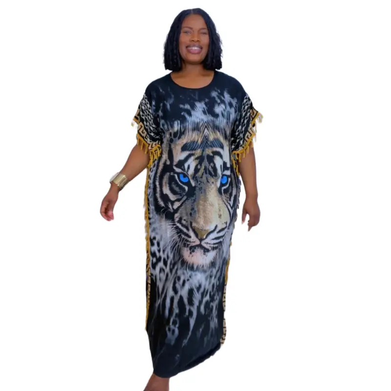 Moo Moo Women’s Kaftan Dress with Tiger Design and Short Sleeves in Black with tan Accents