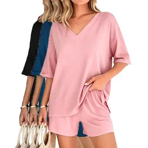 AUMNA Women's 2-Piece Casual Loungewear Set, Lady's Basic Oversized V-Neck Short-Sleeve Top & High-Cut Biker Shorts Tracksuit, S-XXXL