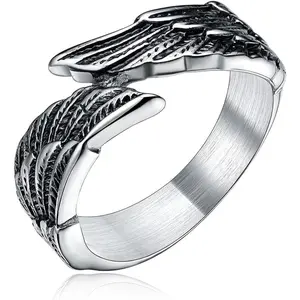 TIGRADE Antique Stainless Steel Ring Feather Angel Wing Cast Black Silver Band Size 7-12