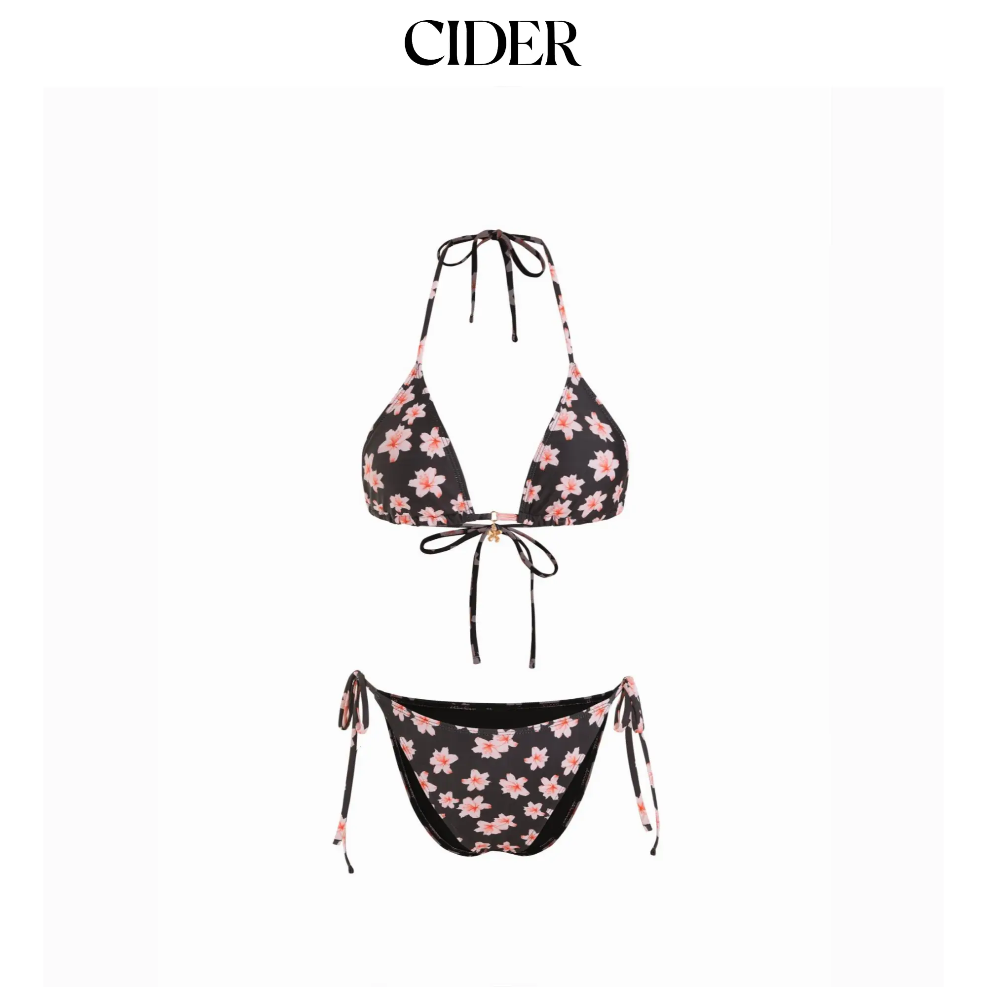 Cider Halter Neckline Floral Knotted Tie Side Bikini Set