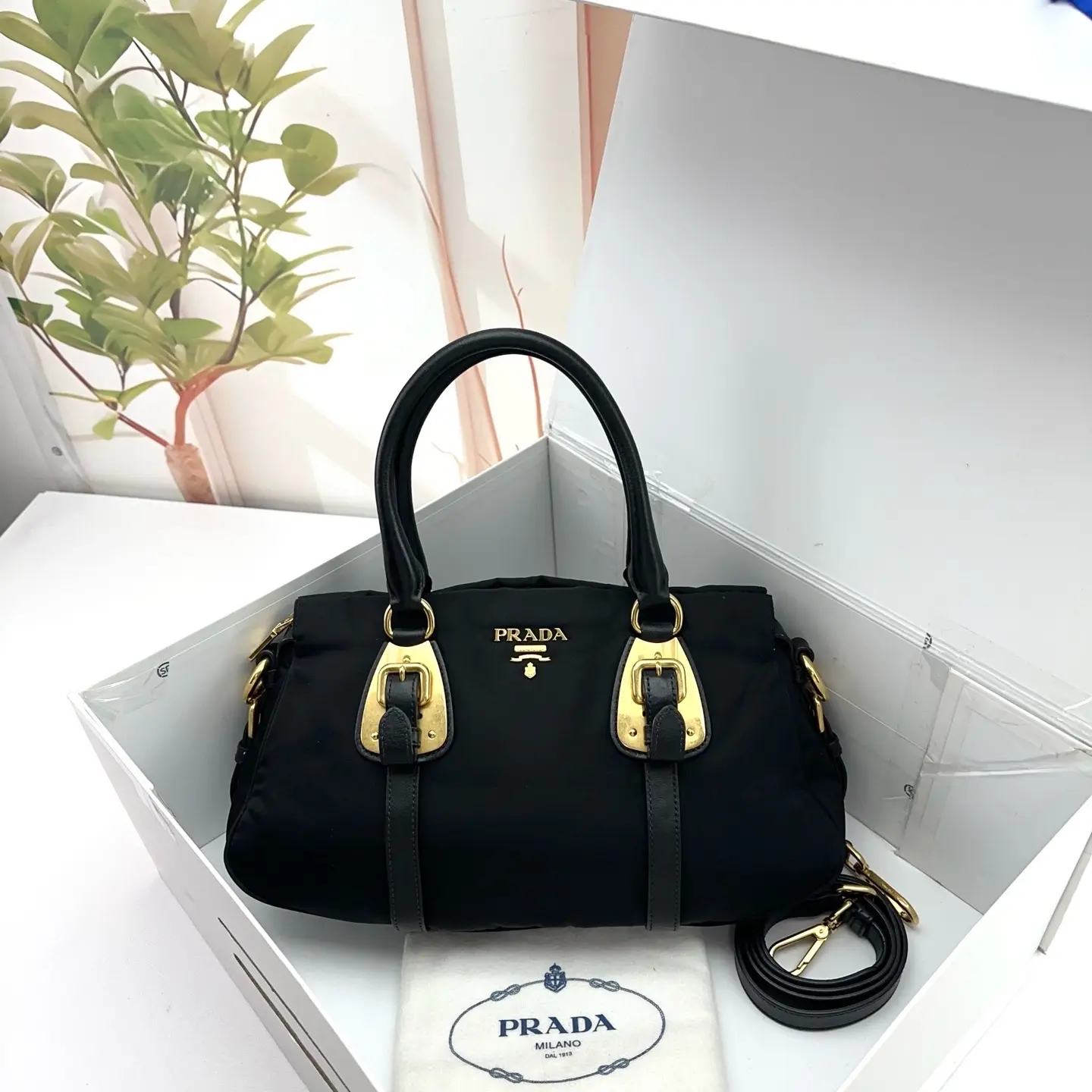 Pre-owned PRADA Black Nylon Gold Buckle Top Handle Satchel 0801 raye 22411785