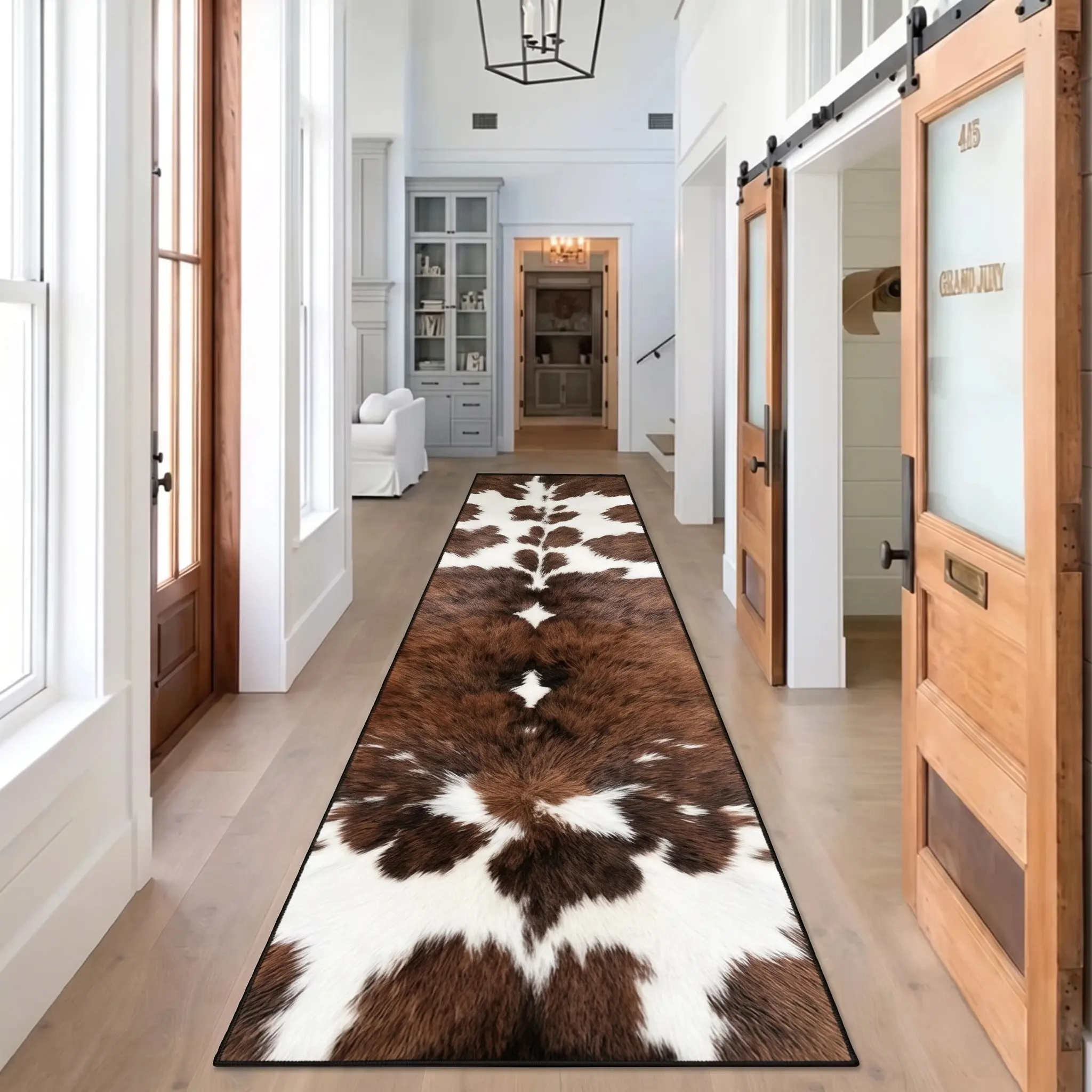 Cow Print Faux Hide Runner Rug, Farmhouse Animal Skin Long Hallway Rug, Non Slip Low Pile Entryway Floor Mat for Kitchen Bedroom Farm Home Decor, Multiple Sizes