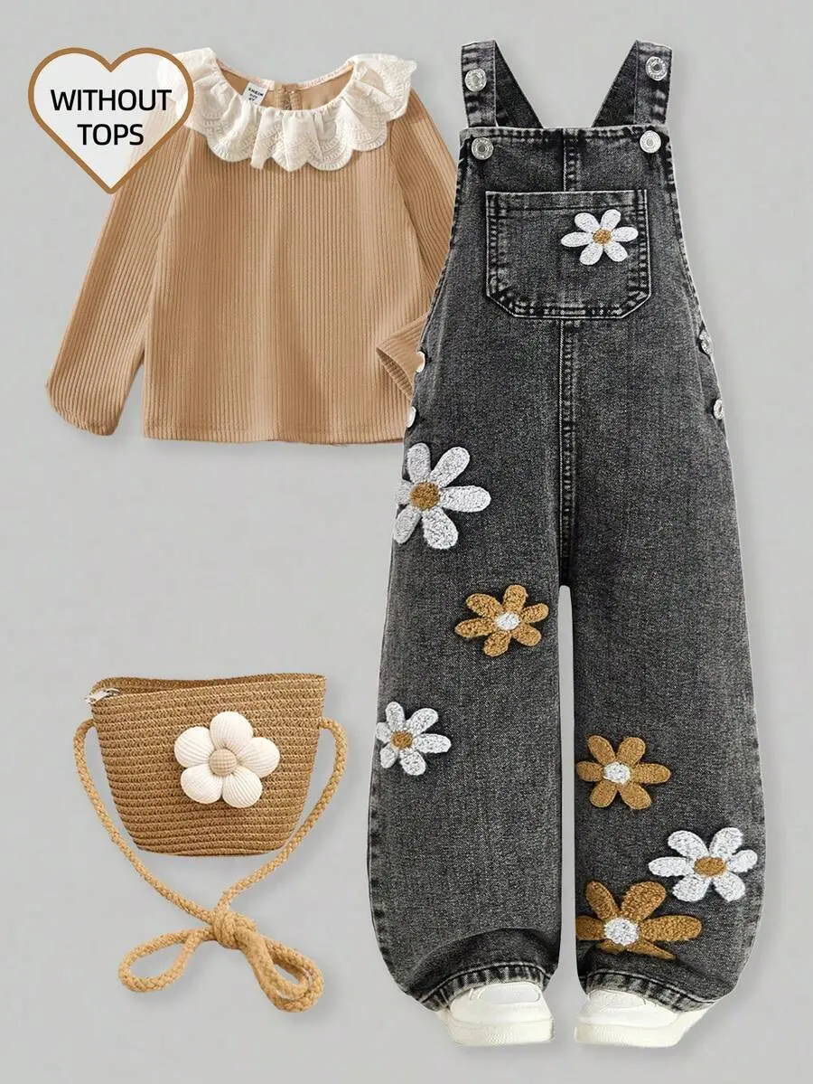 Young Girl Floral 3D Decor Denim Bib Overalls Sunflower Girls Outfit Young Girl Outfit Set