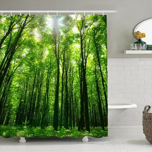Green Forest Pattern Shower Curtain, Waterproof Shower Curtain, Bathroom Decor Supplies, Bathroom Accessories, Home Decor