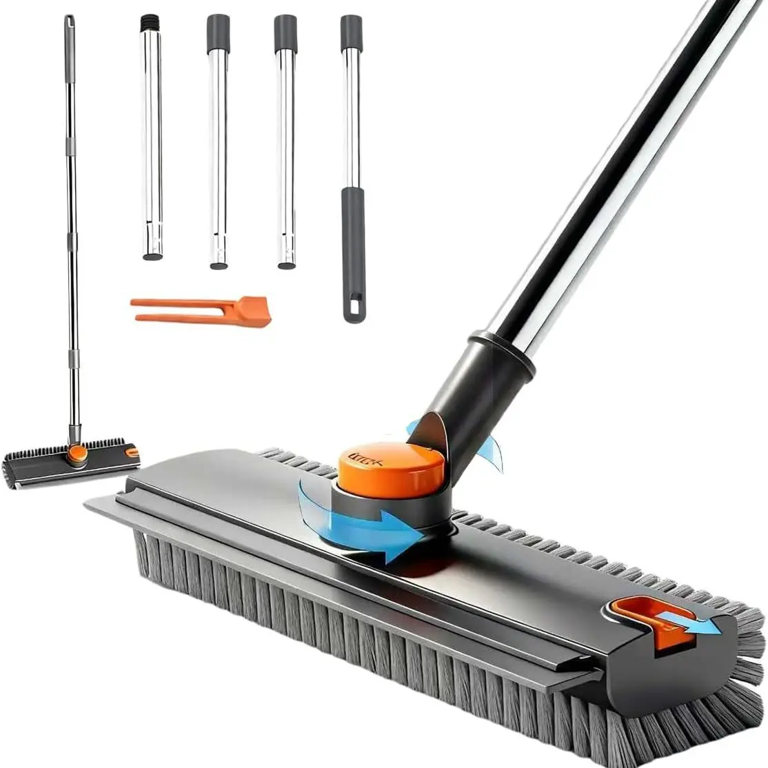 Heavy Duty 3-in-1 Rotatable Floor Cleaning Brush, 360° Bristle Scrubber with Adjustable Stainless Steel Handle for Bathroom Tile, Concrete Household Multi-Surface Cleaning