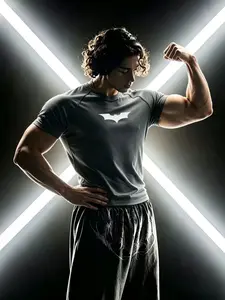 Men's Round Neck Short Sleeve T-Shirt, Breathable Comfortable Fabric, Gym Workout Shirt, Fitness Shirts, Bat Pattern, Casual Daily Wear, Muscle Highlighting