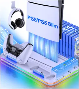 PS5 / PS5 Slim Stand and Cooling Station with LED for Playstation 5 Console, PS5 Controller Charging Station, PS5 / PS5 Slim Accessories with 3 Level Cooling Fan, White