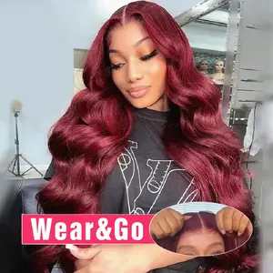 Bling Hair 7X5 Transparent Lace Closure Wig 99j Red Color Body Wave Lace Front Wig Real Hair 100% Real Hair Easy Wear To Go