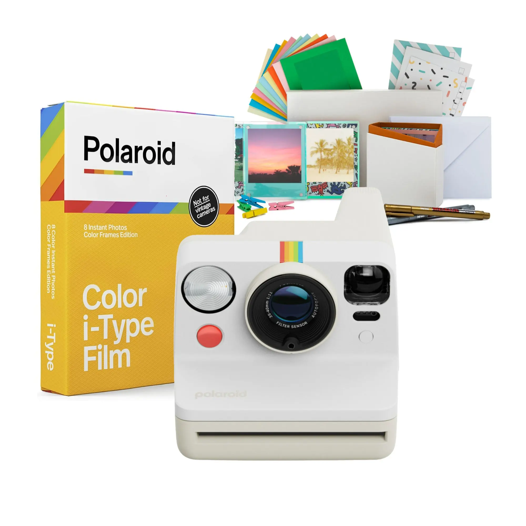 Polaroid Now Generation 3 Analog Instant Camera (Pebble White) Bundle with Rechargeable, Square, I-Type Compatible Focus Camera Film Kit, Light Mtr & Full-Sized Print Capability