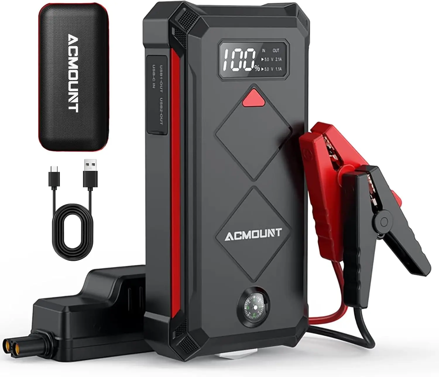 【ACMOUNT】16800mAh 12V Car Power Bank Jumper, Safe Portable Car Battery Booster Pack with LED Flashlight, Compass, Safety Hammer, Emergency Outdoor Camping Tool