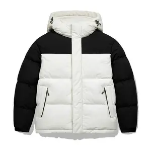 Men’s winter hooded jacket, loose fit, thick warm jacket, 100% polyester fiber, white and black color-block design, front zipper and pockets, suitable for outdoor casual wear and winter clothing, men’s formal windproof jacket