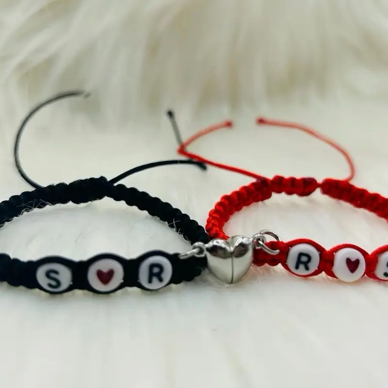 Couple Bracelet Set - Personalized Adjustable Red-Black Braided Matching Bracelets with Custom Initials, Interlocking Hearts Charm, Fashionable Female Jewelry for Anniversary, Engagement, Casual Daily Wear