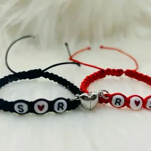 Couple Bracelet Set, Personalized Adjustable Red-Black Braided Matching Bracelets with Custom Initials & Heart Charm, Fashionable Heart Shaped Jewelry Accessory for Daily Wear