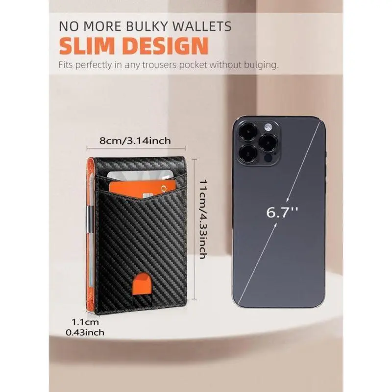 Men's Carbon Fiber Texture Wallet with Card Slots Ultra-Thin Design Built-in Money Clip RFID Anti-Theft Bi-Fold Card Holder