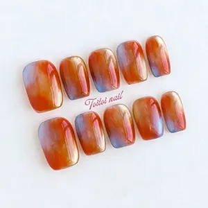 Sunset Gilded Handmade Press-On Acrylic Nails, Glossy Acrylic Nails, Short Square Shape, 10pcs, Atmospheric Gradient Style, Orange Gold & Iridescent Shimmer Finish, High Gloss Mirror Effect, Reusable DIY Nail Kit for Spring, Timeless Look