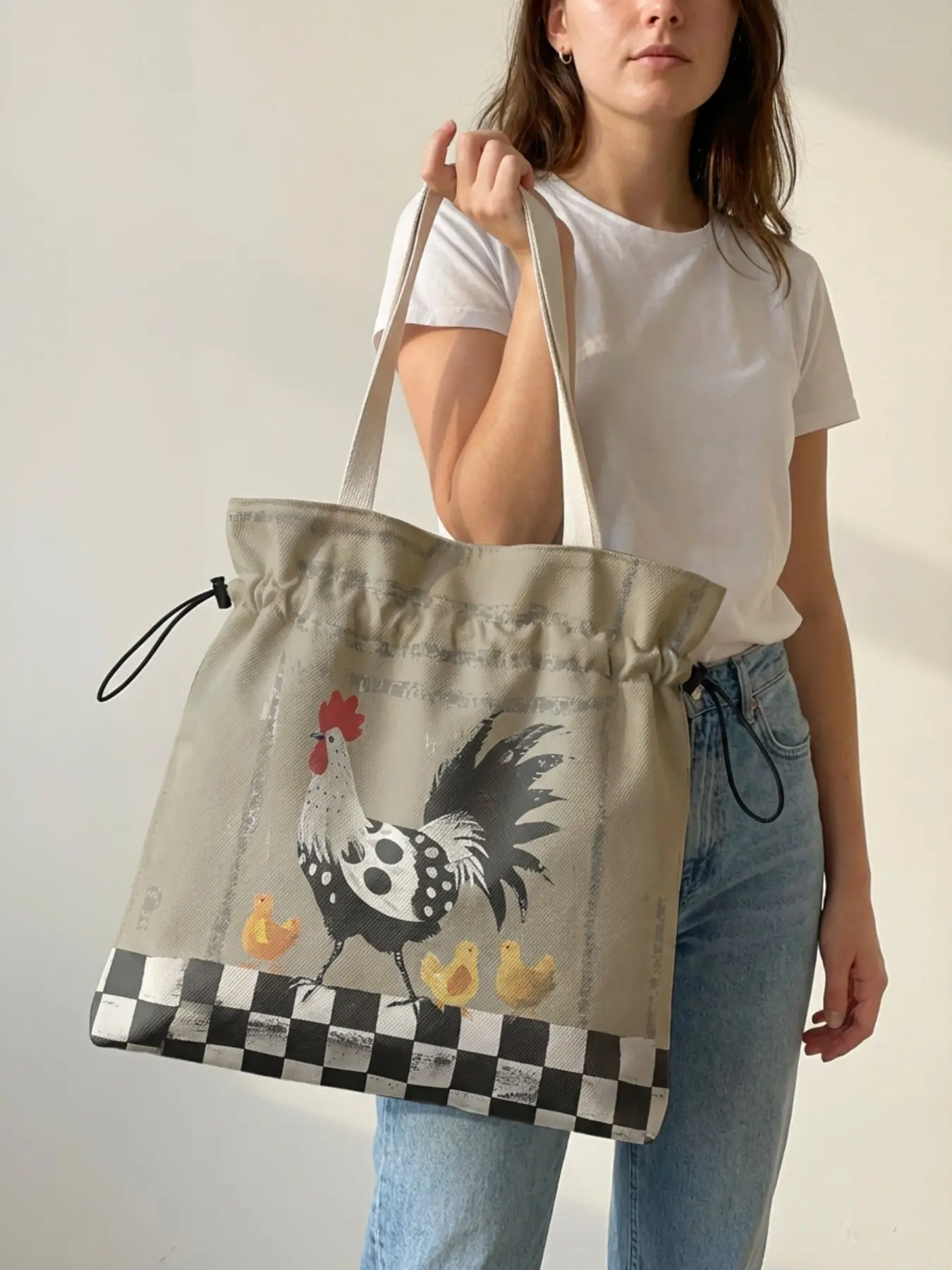 Rooster Pattern 2D Printed Drawstring Stylish Tote Bag, Casual Tote Bag, Large Capacity Shopping Bag, Durable and Wear-Resistant, Ideal for Work, Shopping, Picnic