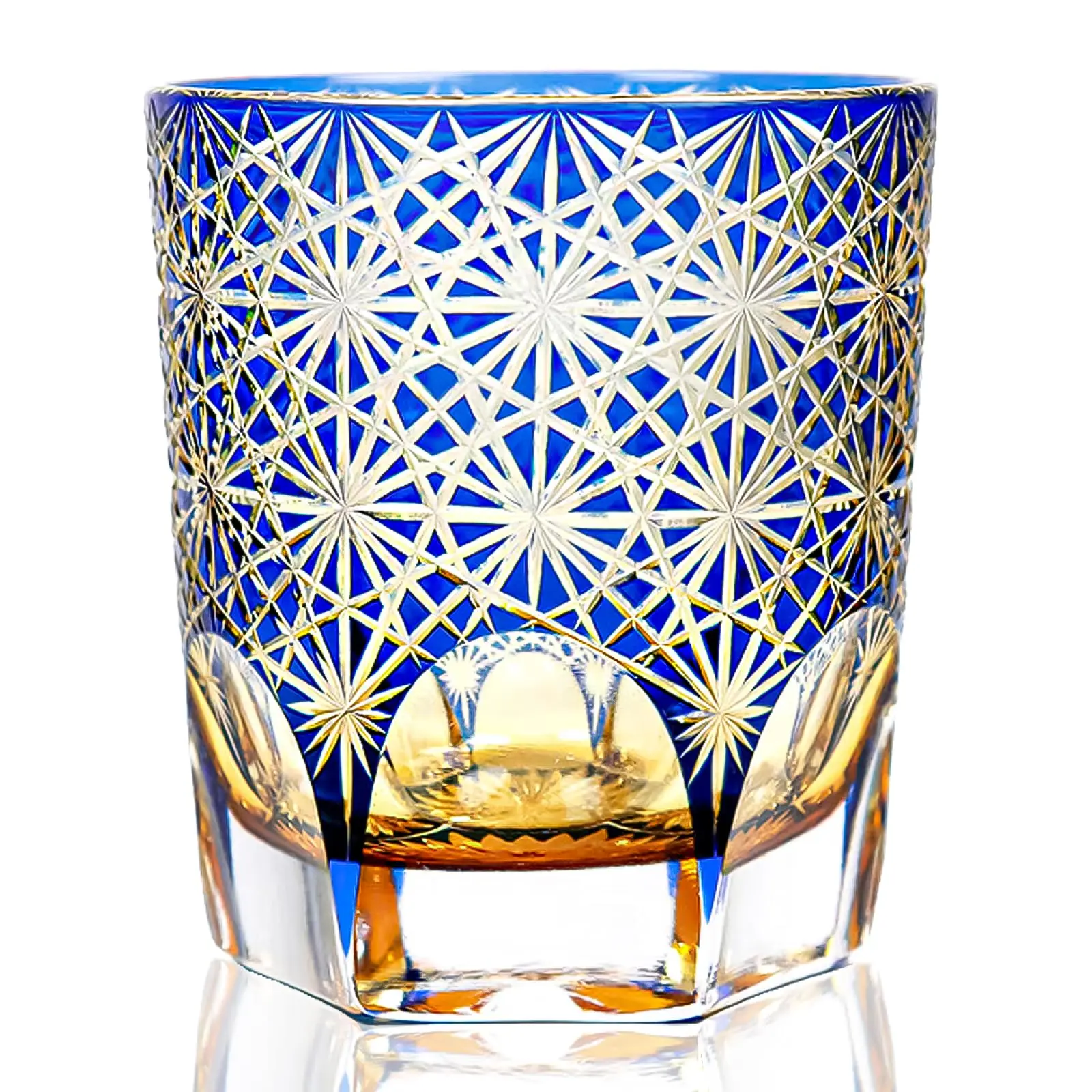 Handmade Edo Kiriko Daisy Whiskey Glass, 8.5Oz Lead-Free Crystal Tumbler, Japanese Traditional Hand-Cut Floral Pattern Drinking Cup for Whiskey/Bourbon/Sake, Premium Gift for Men/Women (Blue)