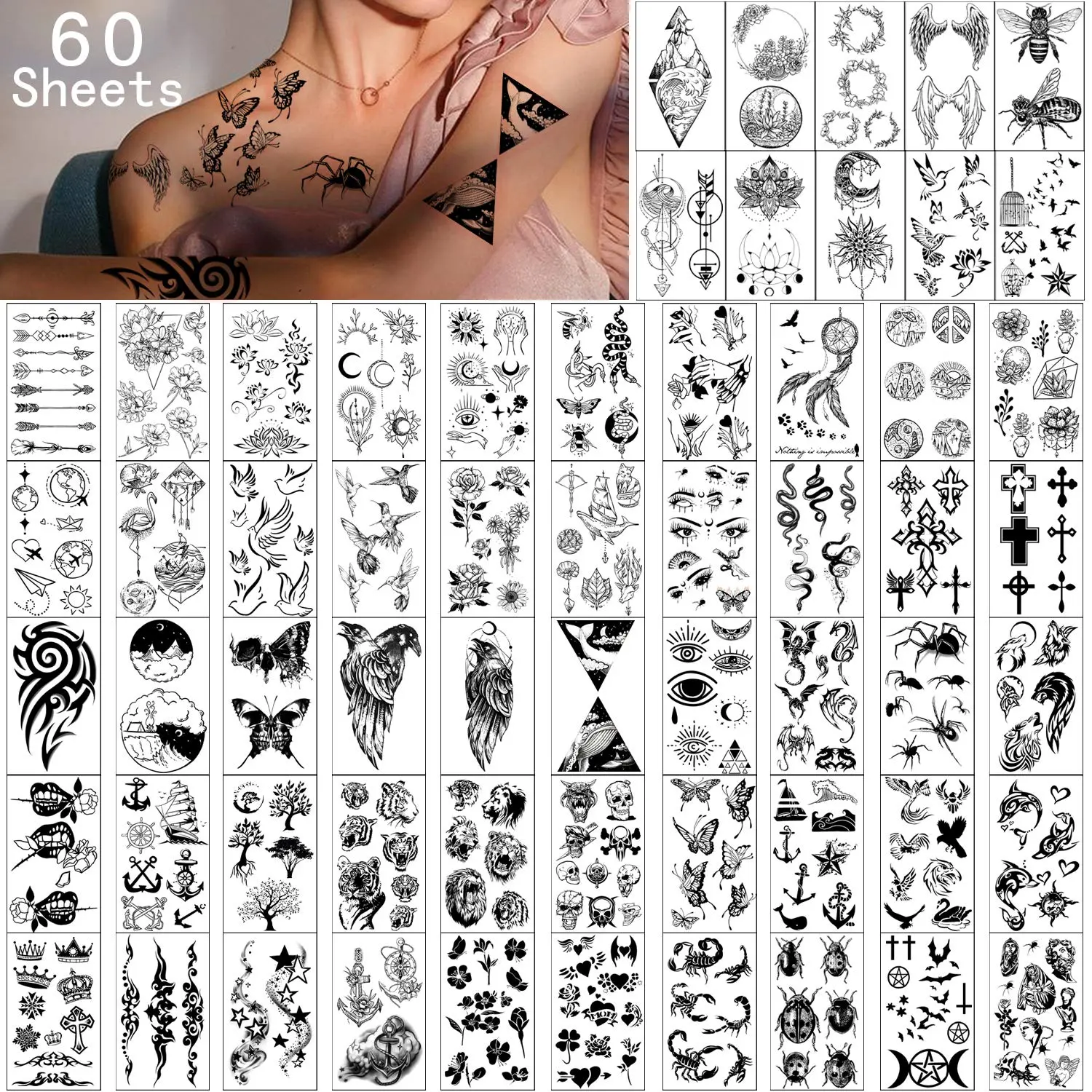Waterproof Temporary Tattoos - 60 Sheets Tiny Fake Tattoo, Flowers Crowns Stars Animal Butterfly Collection Tats for Kids Adults Men and Women