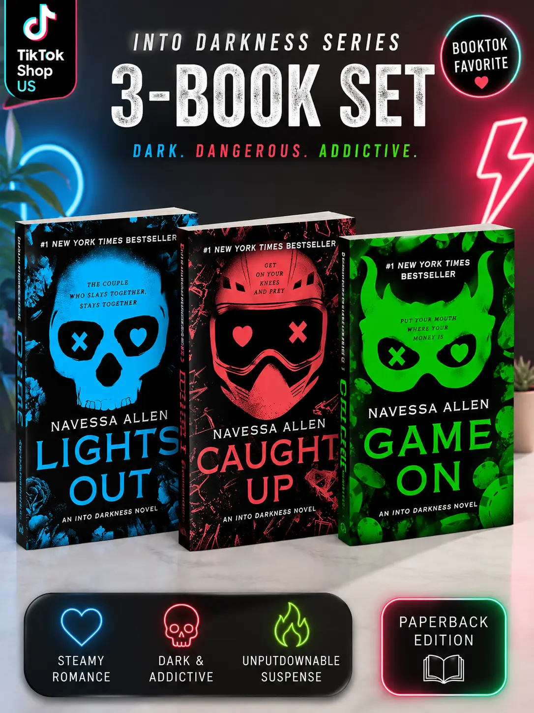 Navessa Allen Into Darkness Series 3-Book Set – Lights Out, Caught Up & Game On, English Paperback Dark Romance Collection, Suspense Novel Bundle for Adult Readers