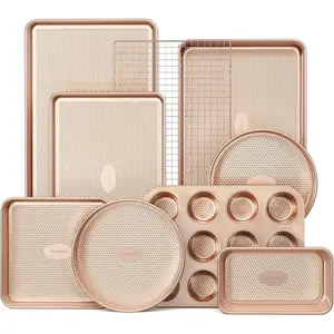 9-Piece Baking Pans Set Nonstick, Stackable Non Toxic Bakeware Sets with Diamond Texture, Oven Pan Set for Cooking, Includes Cookie Sheet with Rack, Cake Pan, Roasting Pan, Muffin Tin, Gold