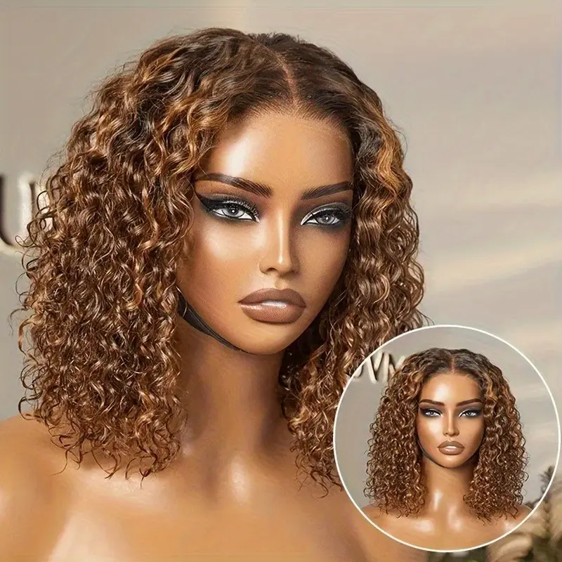 Fashion New Human Hair Bundles Highlight Honey Blonde Curly Bob Wig Human Hair 4/ 27 Ombre Highlight Lace Front Wigs Human Hair 13x4 Lace Short Curly Bob Wig Pre Plucked With Baby Hair 180% Density Wigs For Women