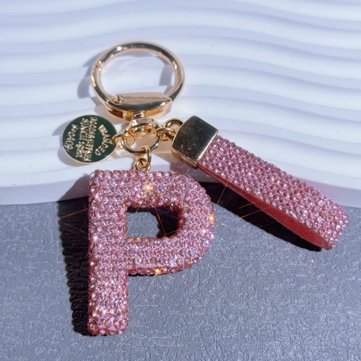 Pink Rhinestone Keychain with Letter P and Gold Tone Chain