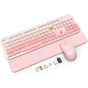 SABLUTE CK23 plus Wireless Keyboard and Mouse Combo, Magnetic Soft-Touch Wrist Rest, Round Keycaps, Full-Size Retro Typewriter Keyboard, 2-Stage Tilt Legs, Auto Sleep, 2.4GHz Cordless for Windows PC, Blush Pink Ombre