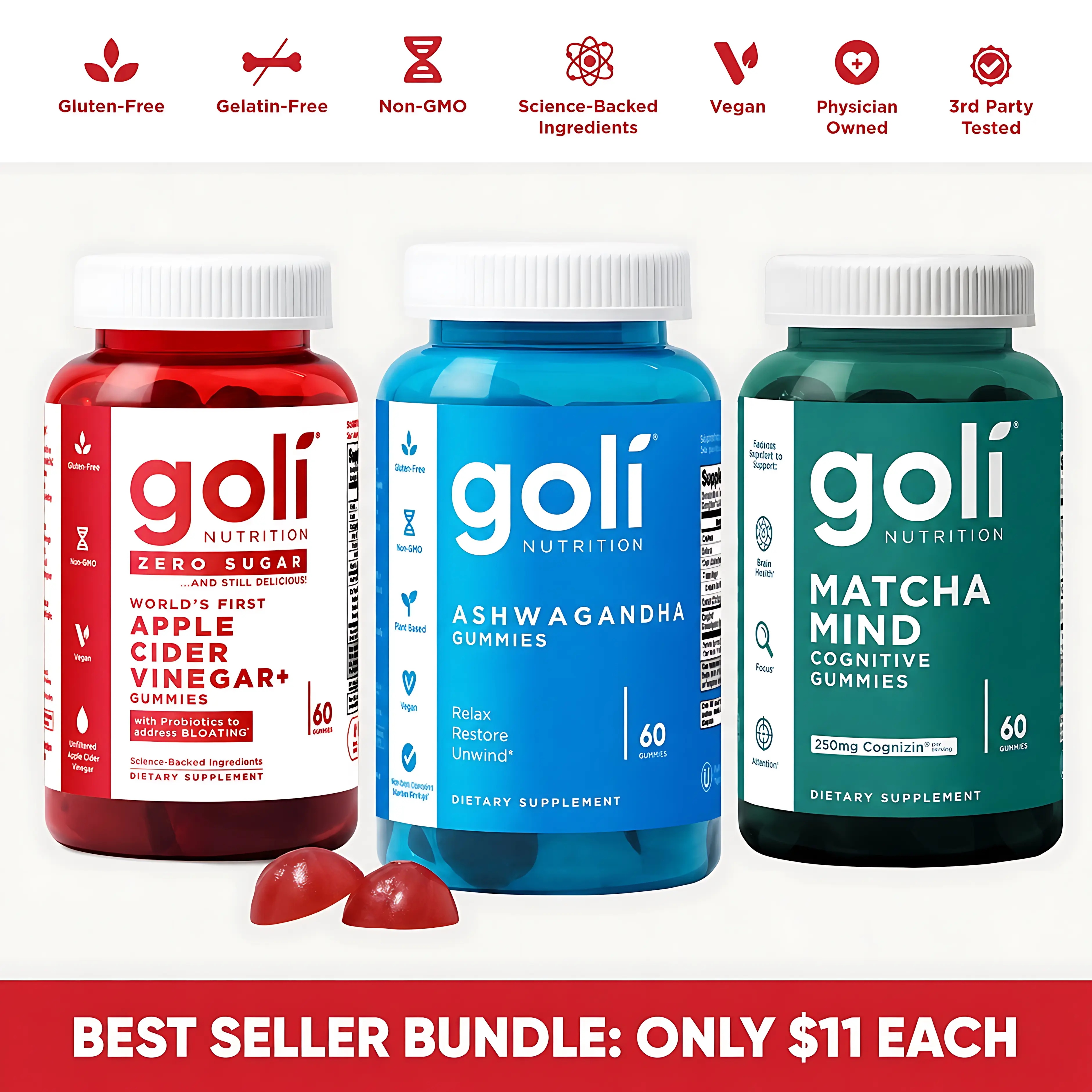 3 Bottles of Goli Best Seller Bundle: Ashwagandha KSM-66 Apple Cider Vinegar Matcha Mind supplement with Cognizin Vitamins D2 and B12