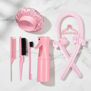 Heatless Curling Rod Set with Satin Roller – Overnight No-Heat Curls Kit with Bonnet, Spray Bottle & Styling Tools, Curly Hair Kit